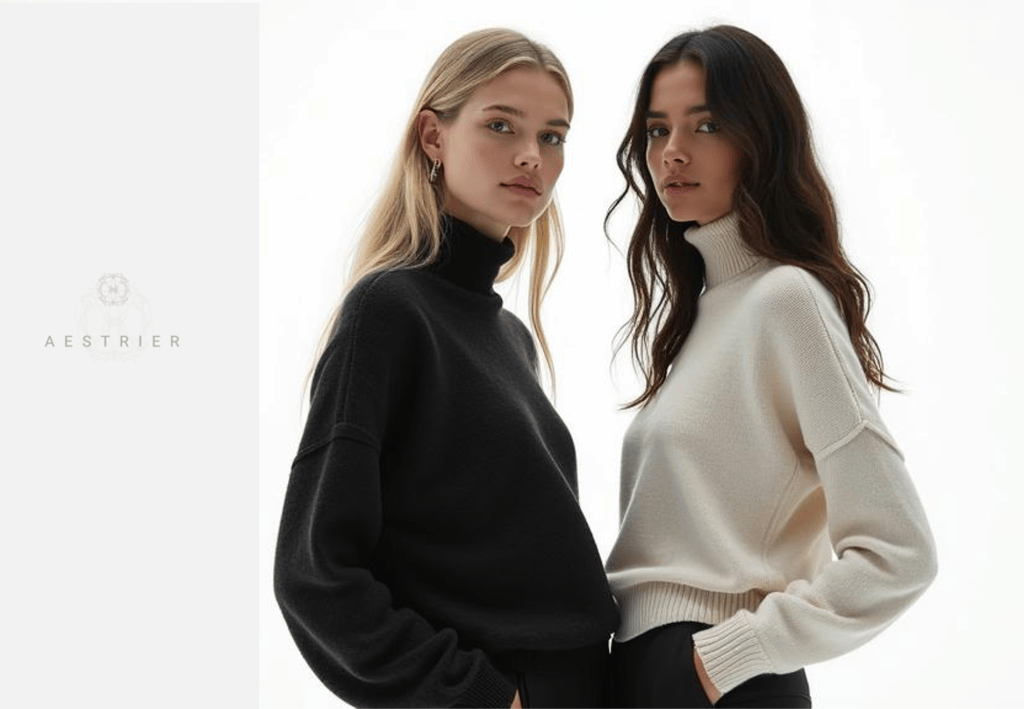 Two women standing side by side, one wearing a black turtleneck sweater and the other wearing a cream turtleneck sweater, against a light background.