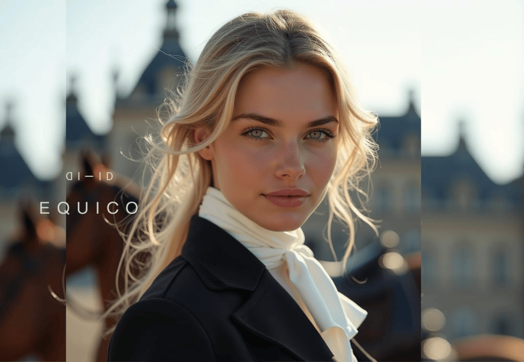 A close-up portrait of a young woman with long blonde hair, wearing a black blazer and a white scarf, set against a blurred background of horses and architecture.