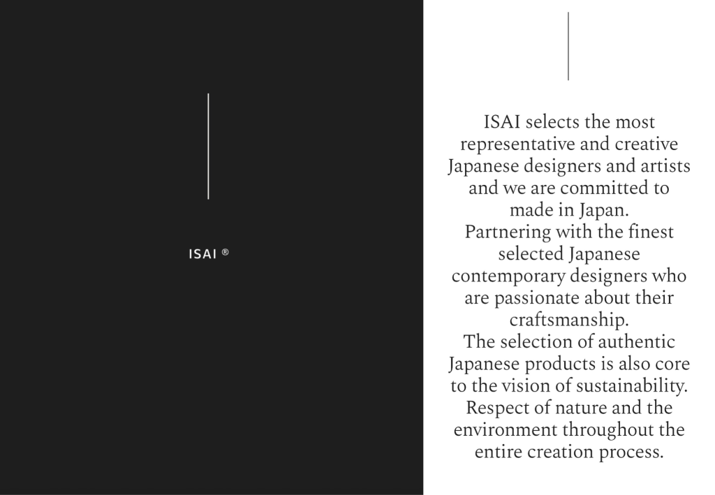 Text-based promotional image for ISAI, detailing commitment to Japanese craftsmanship and sustainability, featuring a sleek design with a black background and white text.
