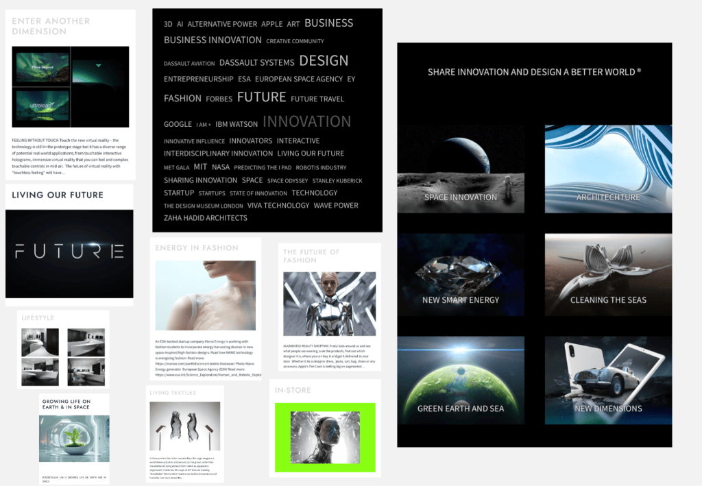 A visually engaging graphic showcasing various themes related to innovation and future technology, including sections on energy, fashion, architecture, and sustainability. The layout features text and images highlighting concepts like space innovation, new smart energy, and environmental initiatives.